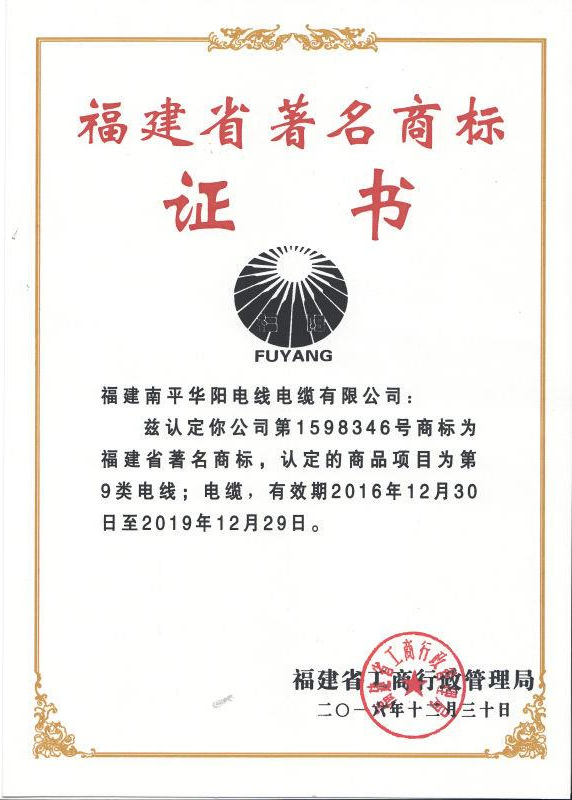 福建省著名商標證書